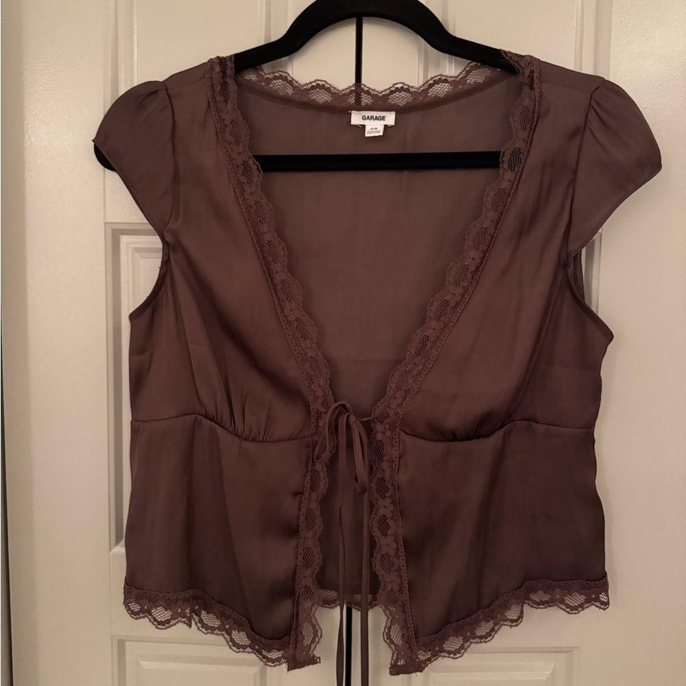 Brown Lace Trim Blouse